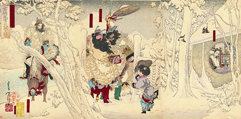 Tsukioka Yoshitoshi 三国志図会内 玄徳風雪二孔明ヲ訪フ 1883